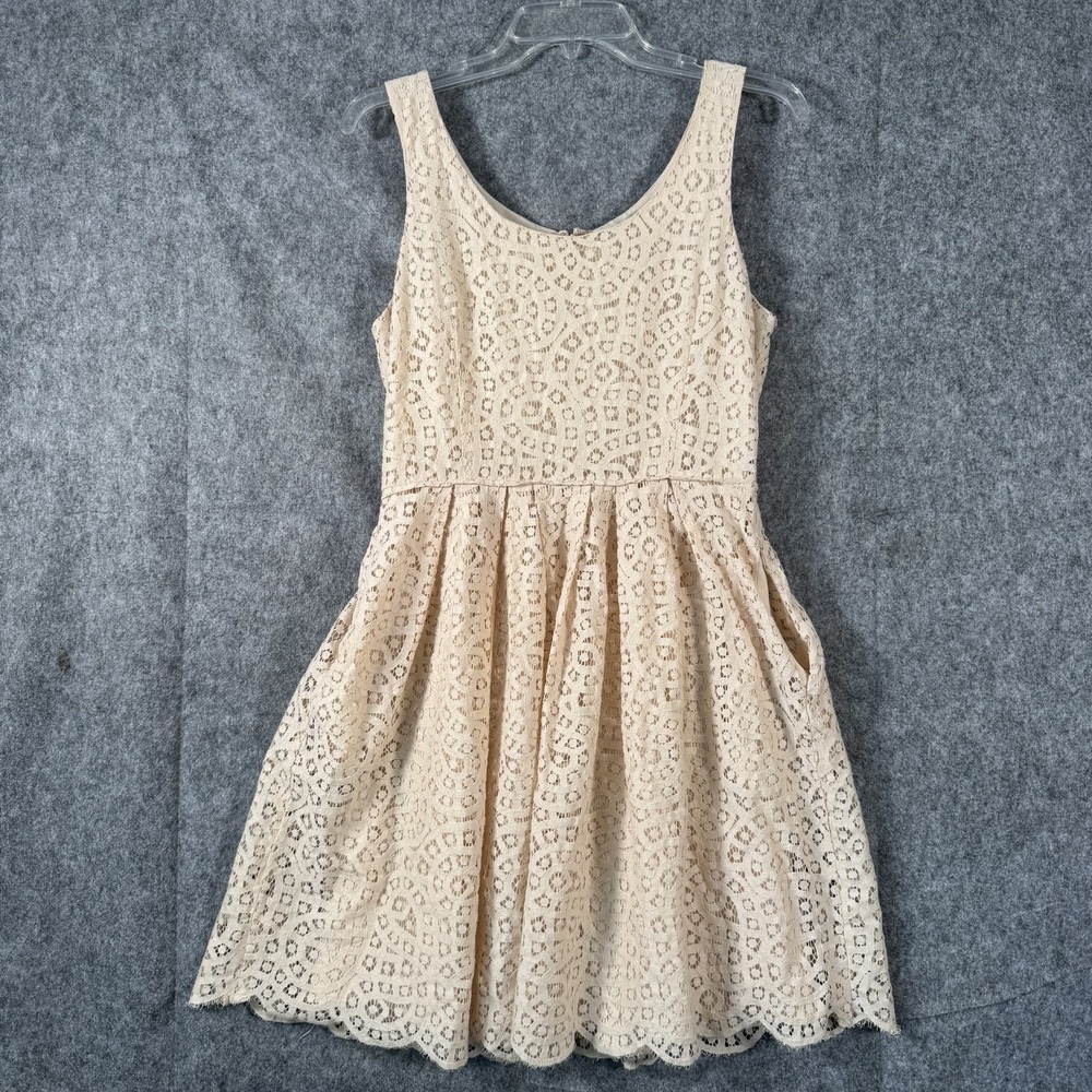 J Crew Dress Womens 8 Beige Lace Sleeveless Eylet Pocket Cottagecore Fairycore